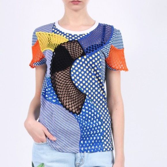 Stella McCartney Multicolored Crewneck T-Shirt w/Mesh Accents. Size XS. EUC - Picture 1 of 9